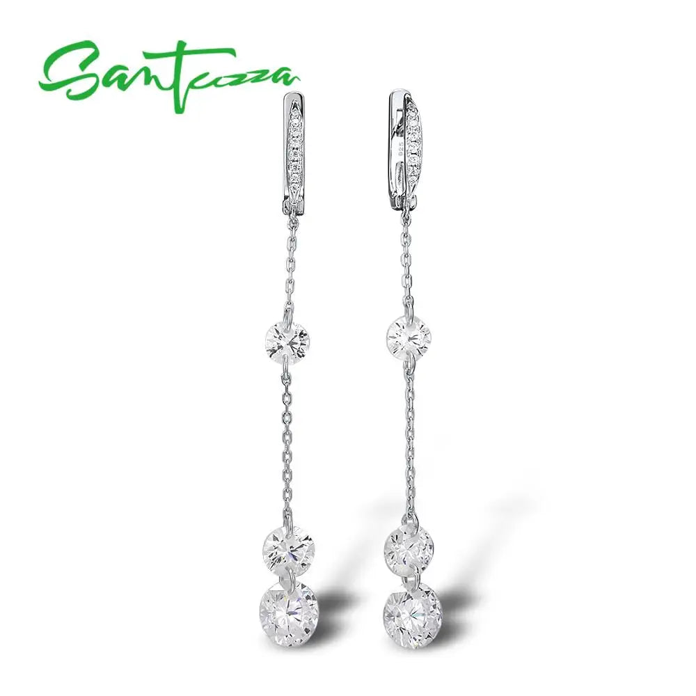 Pure 925 Sterling Silver Sparkling White Cubic Zirconia Long Drop Earrings