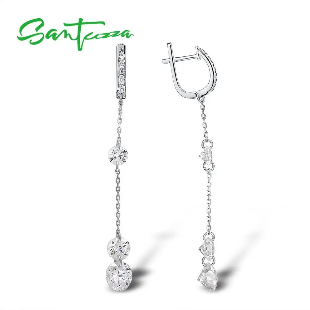 Pure 925 Sterling Silver Sparkling White Cubic Zirconia Long Drop Earrings