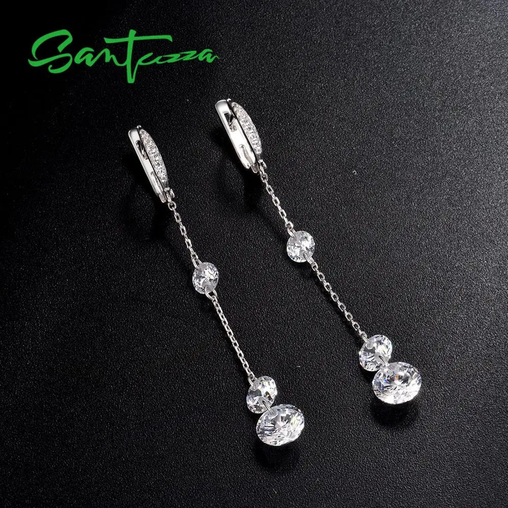 Pure 925 Sterling Silver Sparkling White Cubic Zirconia Long Drop Earrings