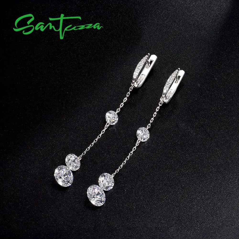 Pure 925 Sterling Silver Sparkling White Cubic Zirconia Long Drop Earrings