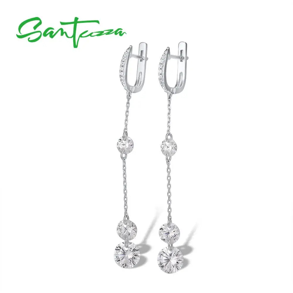 Pure 925 Sterling Silver Sparkling White Cubic Zirconia Long Drop Earrings