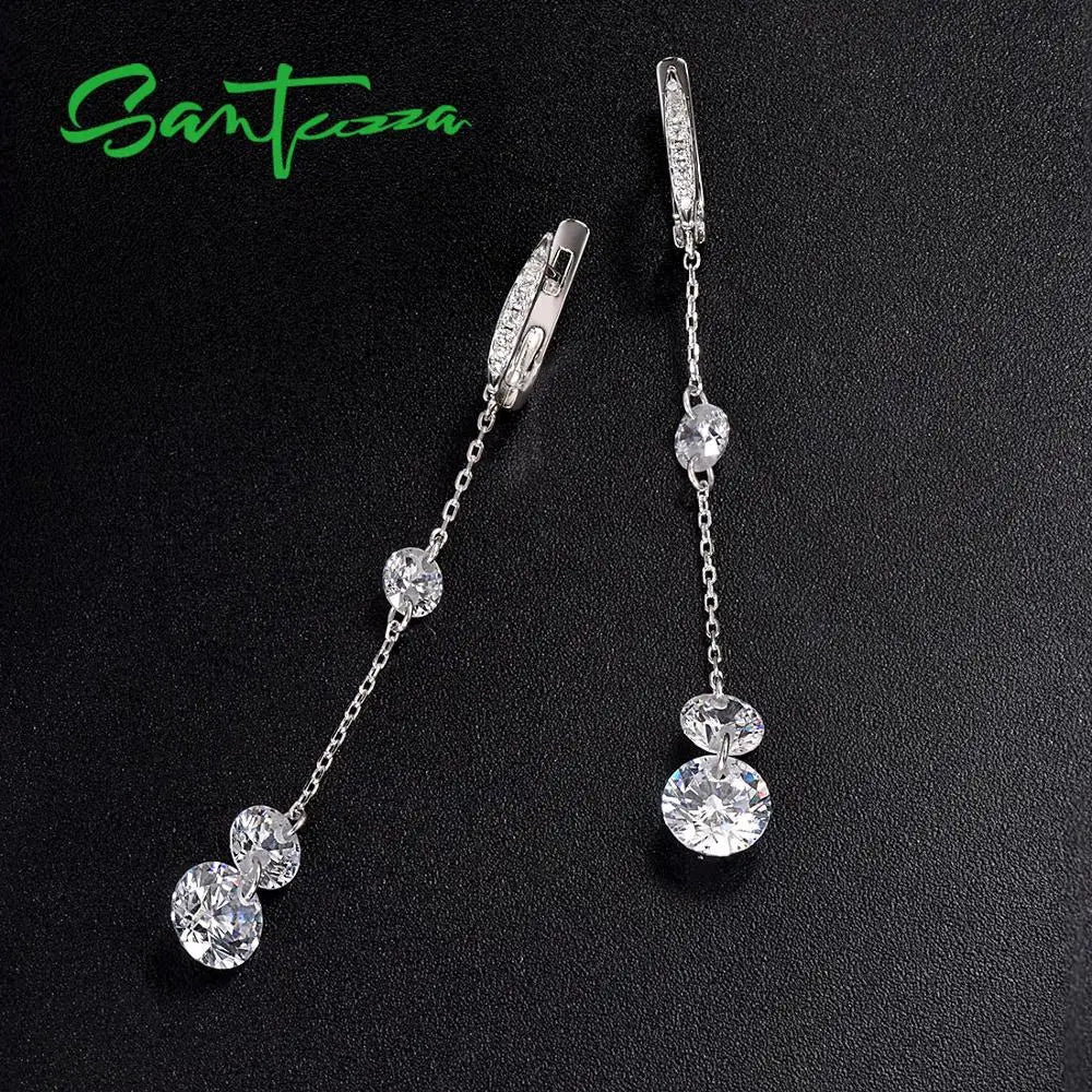 Pure 925 Sterling Silver Sparkling White Cubic Zirconia Long Drop Earrings