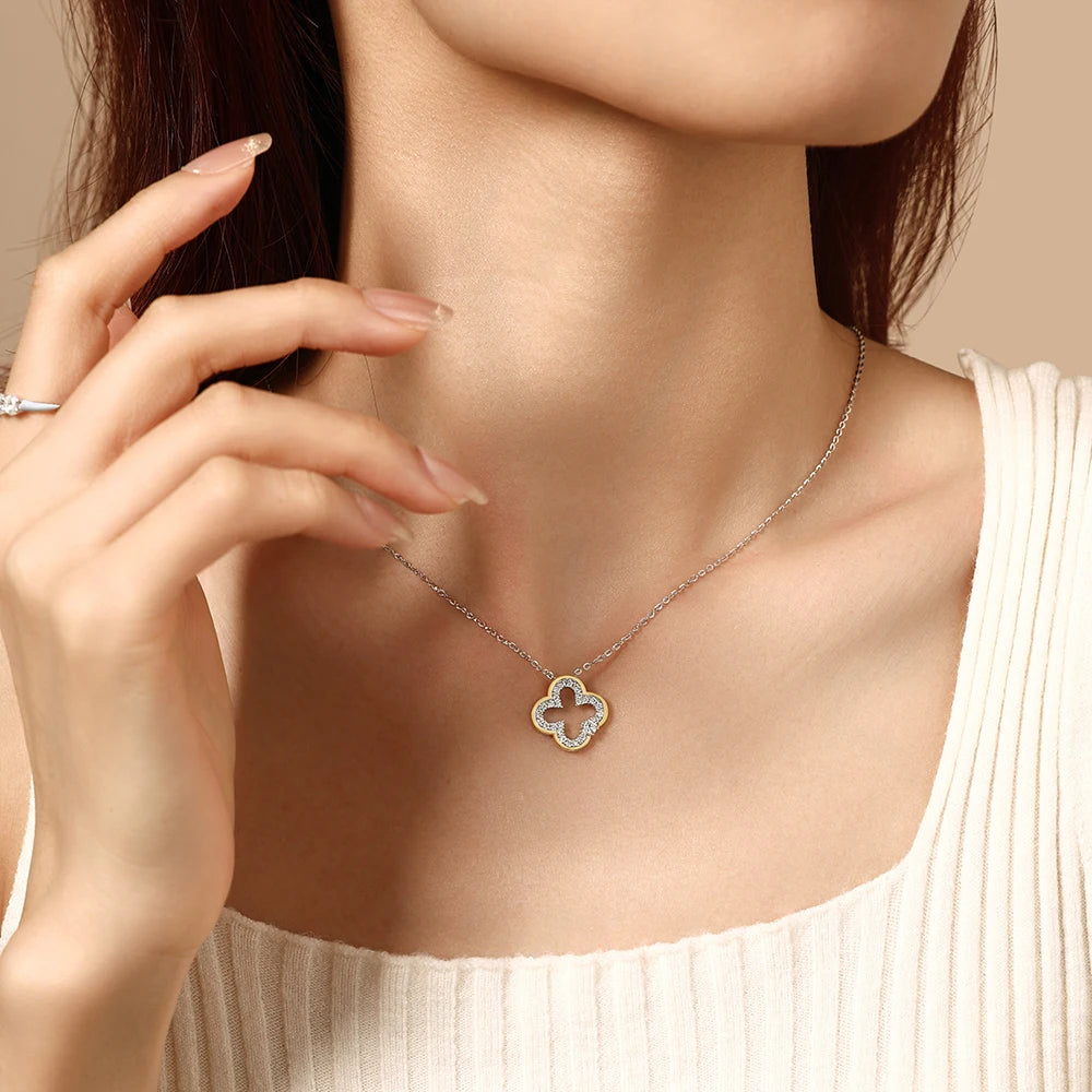 S925 Silver Two Tone Hollow Necklace Gold Edge Paved Full Moissanite Necklace