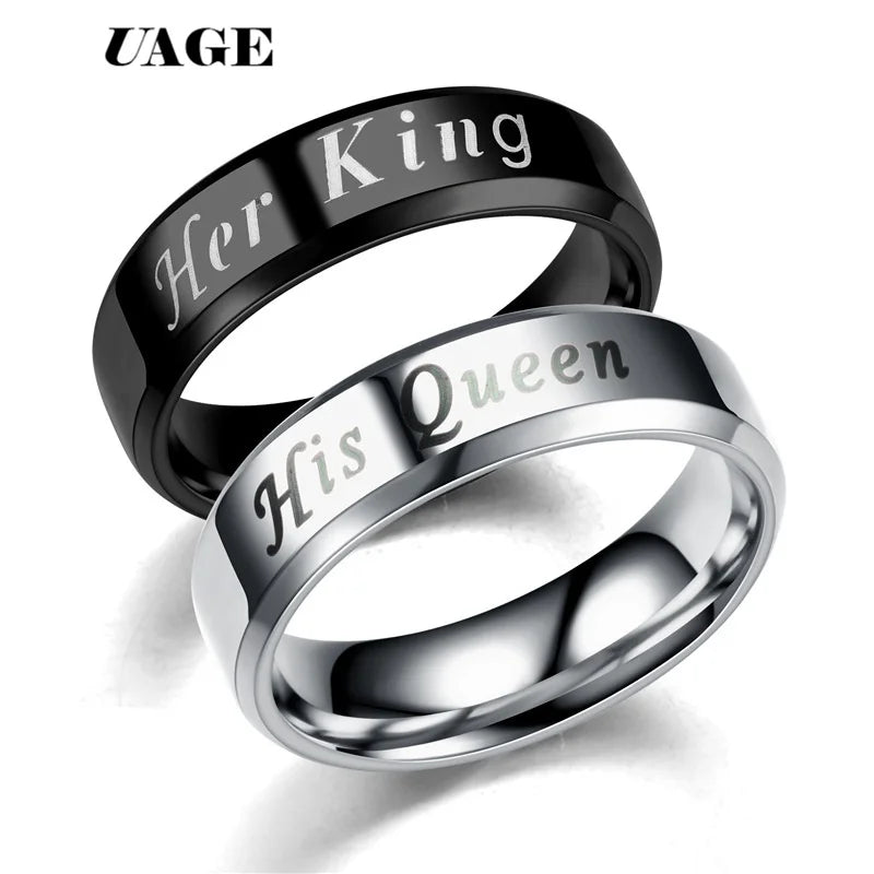 UAGE Titanium His Queen Her King DIY Engraved Couple Ring Romantic Engagement Wedding Rings For Men Women Jewelry