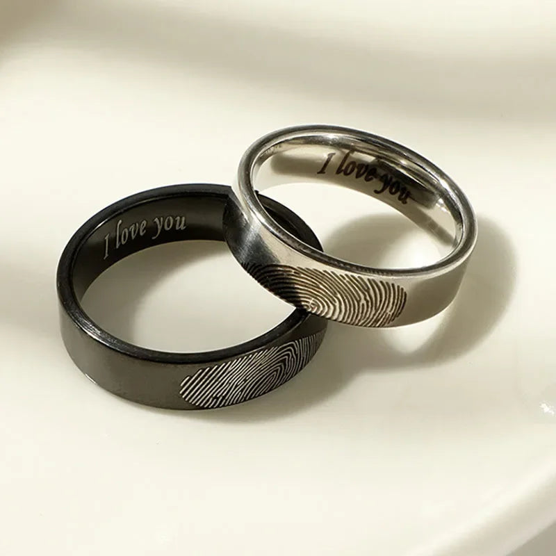 Black Silver Heart Fingerprint Couple Rings gift