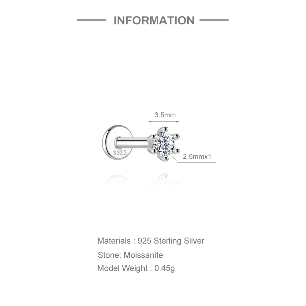 Moissanite Diamond Stud Orginal 925 Sterling Silver Screw Flat Back Moissanite Earring Jewel