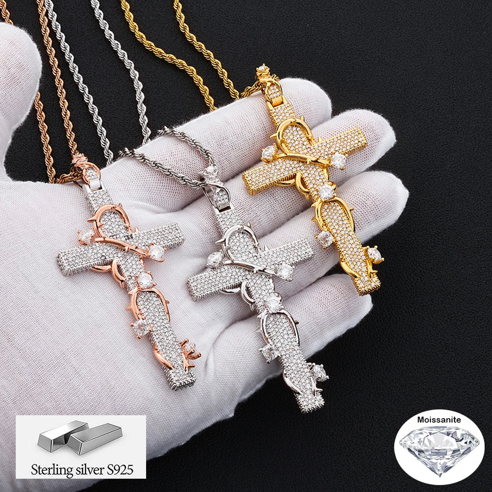 80mm Iced out Thorn Cross VVS1 Moissanite S925 Silver Pendant Necklace