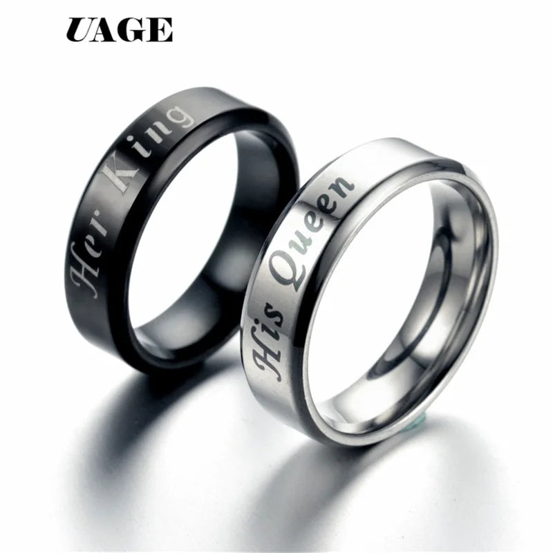 UAGE Titanium His Queen Her King DIY Engraved Couple Ring Romantic Engagement Wedding Rings For Men Women Jewelry