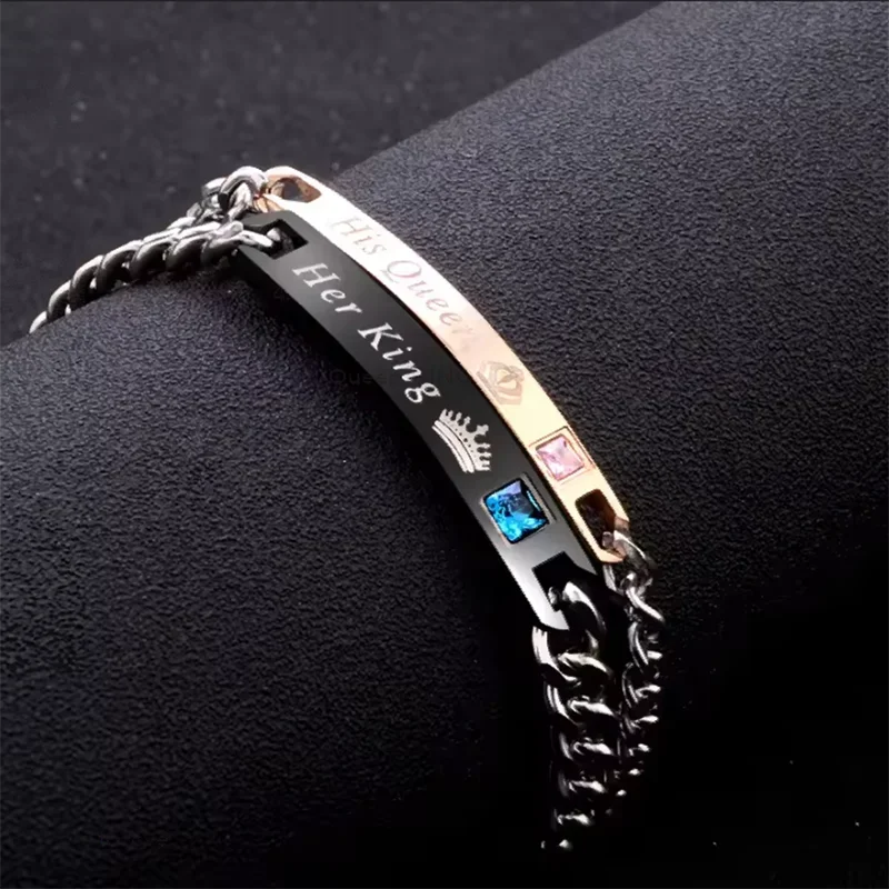 2 Style His Queen Her King Black Rose Gold Color Women's Male Chain Crystal Couple Bracelet for Men Femmo on Hands Jewelry