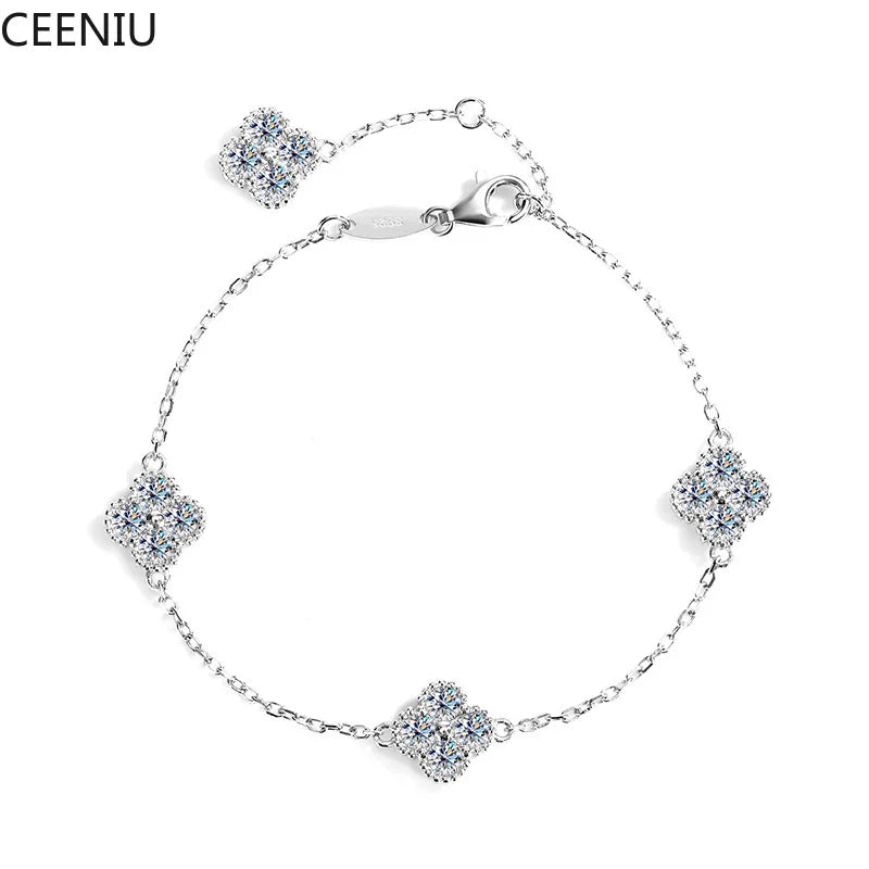 2.4cttw D Color Moissanite Clover Bracelet 925 Sterling Silver Fine Jewelry White Gold Plated Charm Bracelet Bangle Wholesale