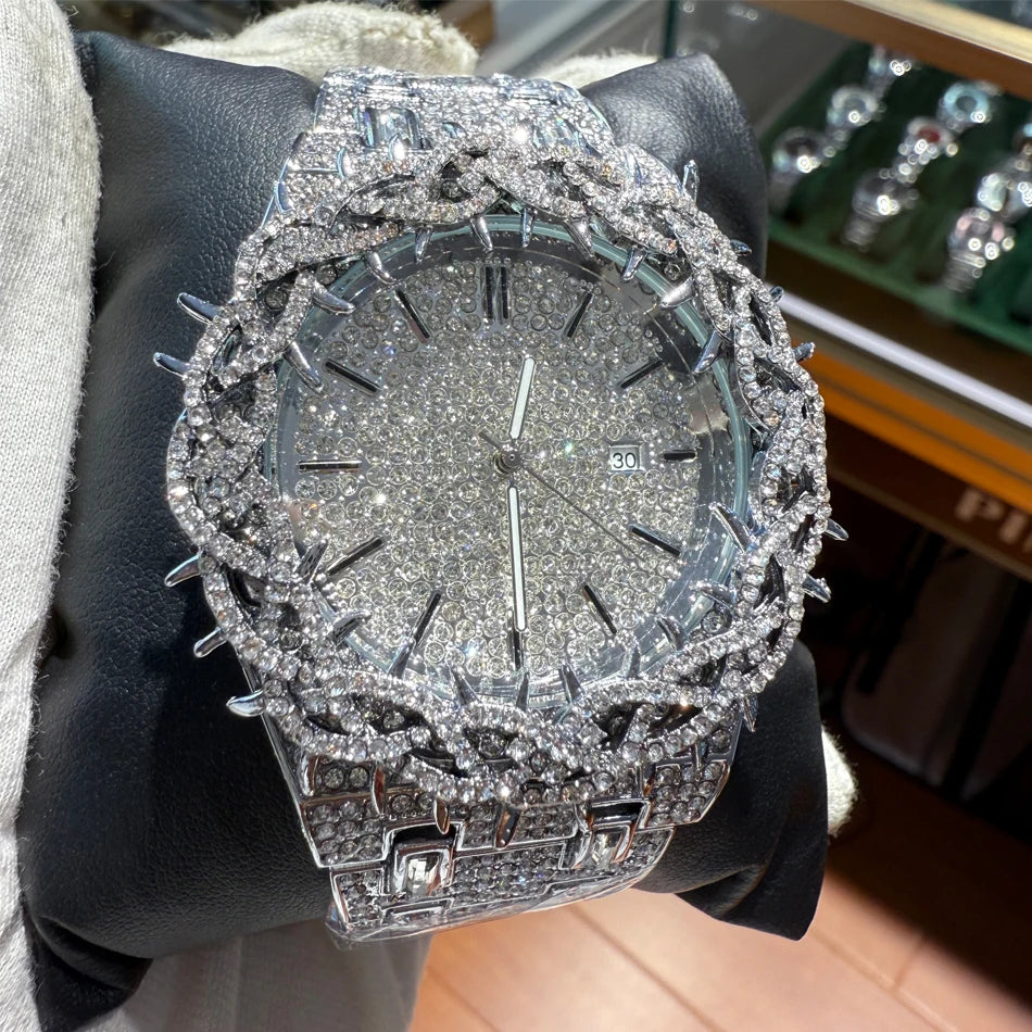 Thorn Spike Watch Men Iced Out Rhinestone Quartz Reloj Hombre wristwatch