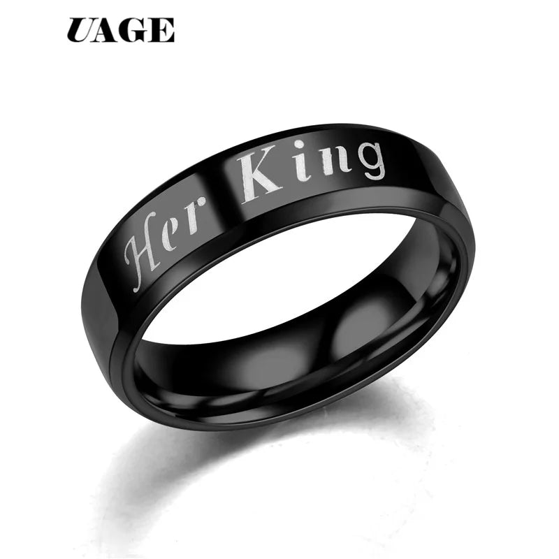 UAGE Titanium His Queen Her King DIY Engraved Couple Ring Romantic Engagement Wedding Rings For Men Women Jewelry