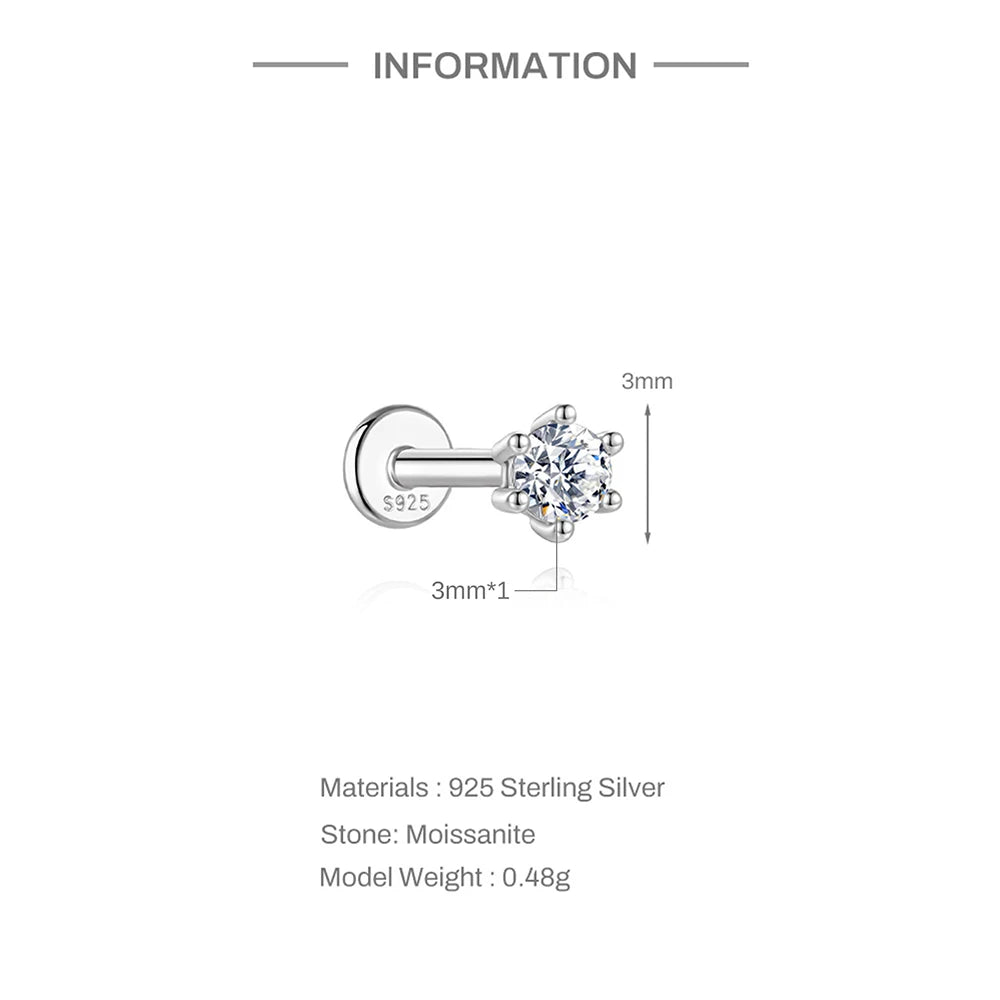 Moissanite Diamond Stud Orginal 925 Sterling Silver Screw Flat Back Moissanite Earring Jewel