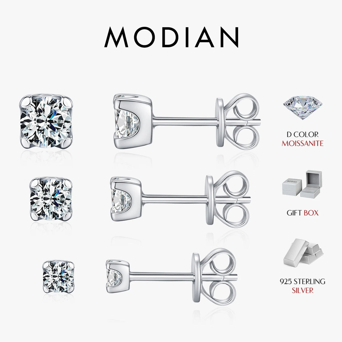3MM-5MM Size D Color Moissanite 925 Sterling Silver Round Stud Earrings