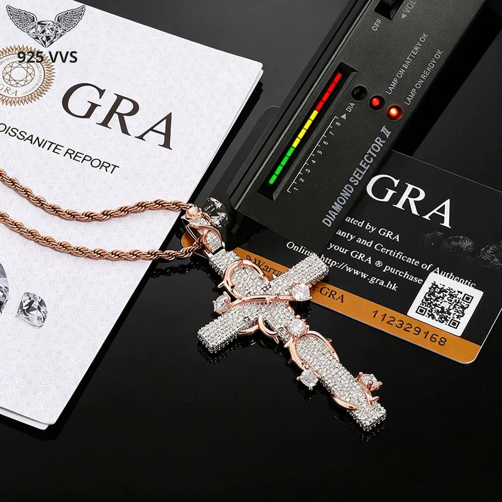80mm Iced out Thorn Cross VVS1 Moissanite S925 Silver Pendant Necklace