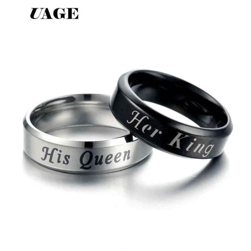 UAGE Titanium His Queen Her King DIY Engraved Couple Ring Romantic Engagement Wedding Rings For Men Women Jewelry