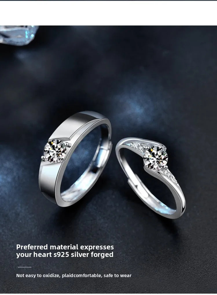 S925 Rhodium-Plated 0.5ct Moissanite Couple Rings - Adjustable Exquisite Jewelry