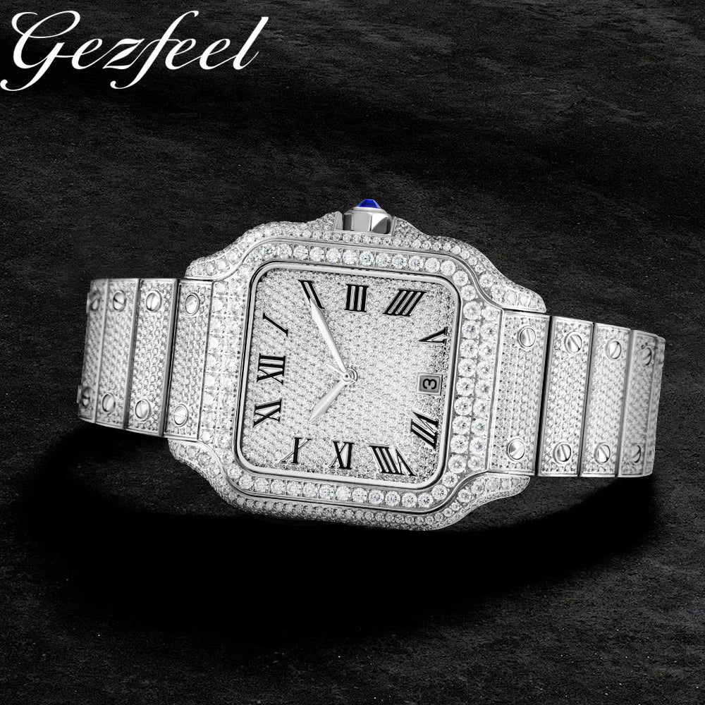 Gold VVS Moissanite Watch High-End Square Design Diamond Iced out Wristwatch
