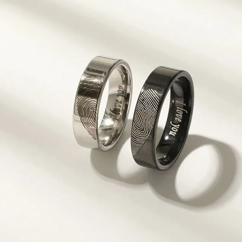 Black Silver Heart Fingerprint Couple Rings gift