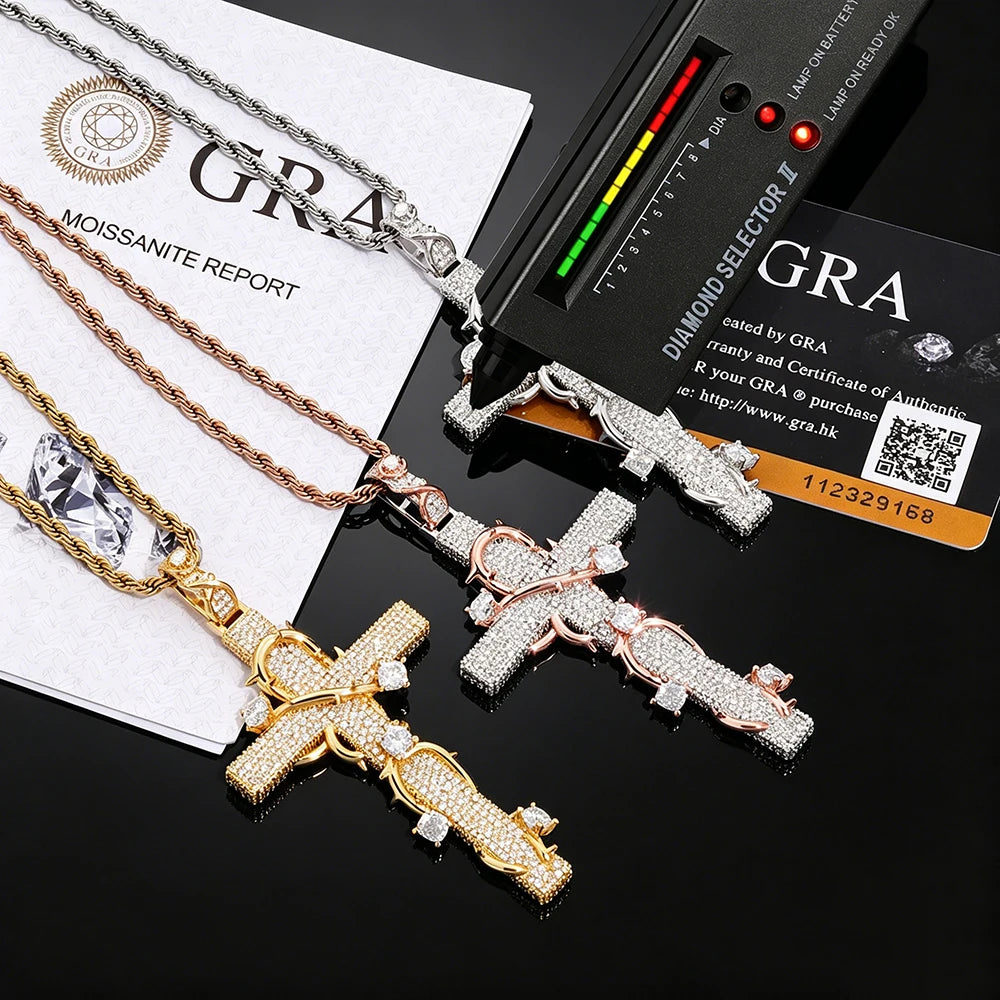 80mm Iced out Thorn Cross VVS1 Moissanite S925 Silver Pendant Necklace