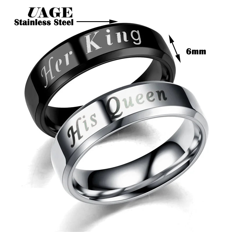 UAGE Titanium His Queen Her King DIY Engraved Couple Ring Romantic Engagement Wedding Rings For Men Women Jewelry