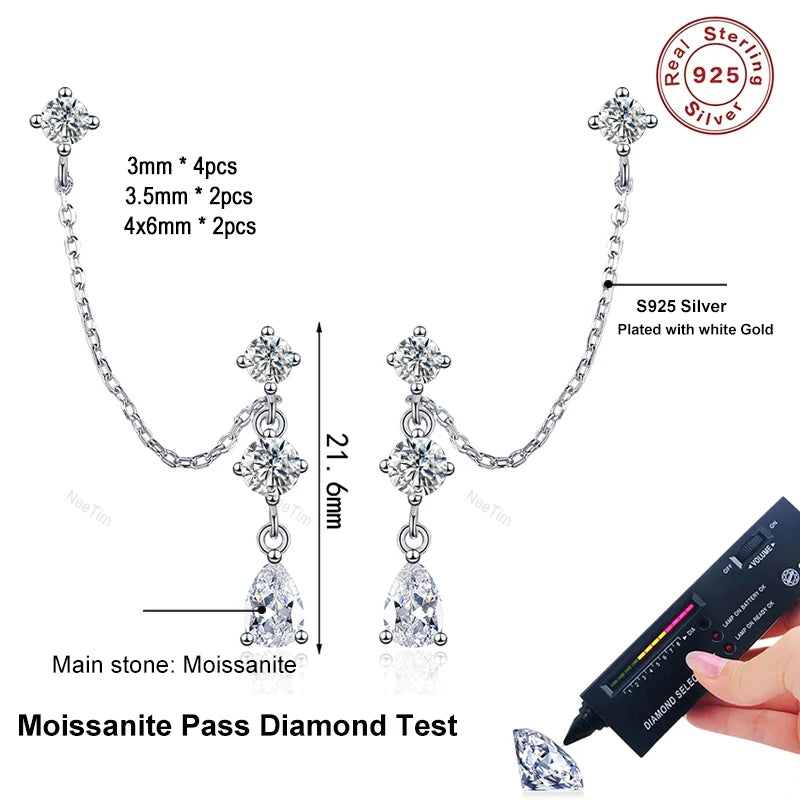 Full Moissanite Stud Chain Earrings 925 Sterling Silver Jewelry