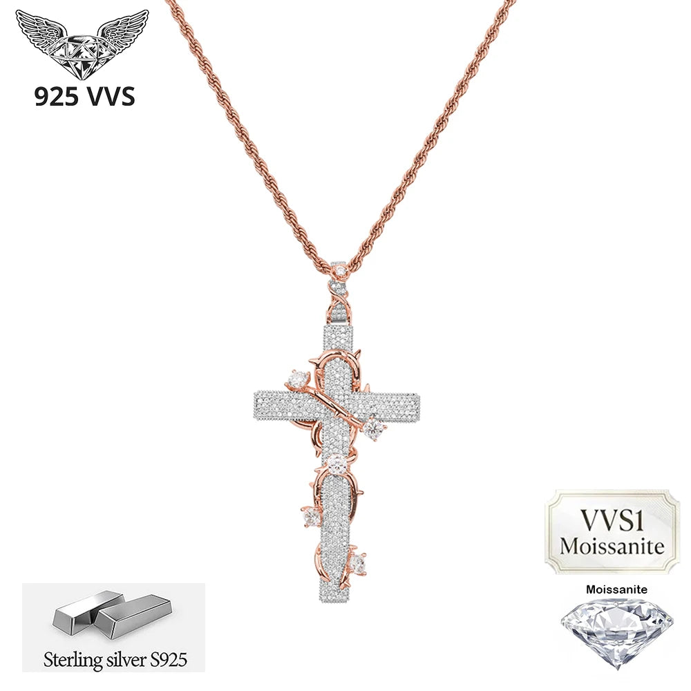 80mm Iced out Thorn Cross VVS1 Moissanite S925 Silver Pendant Necklace