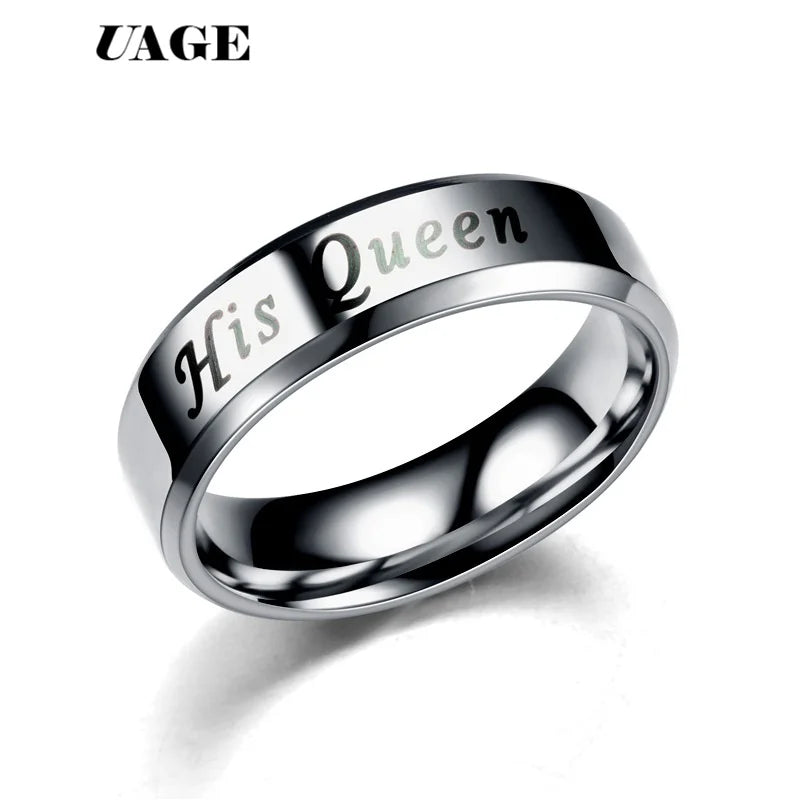 UAGE Titanium His Queen Her King DIY Engraved Couple Ring Romantic Engagement Wedding Rings For Men Women Jewelry