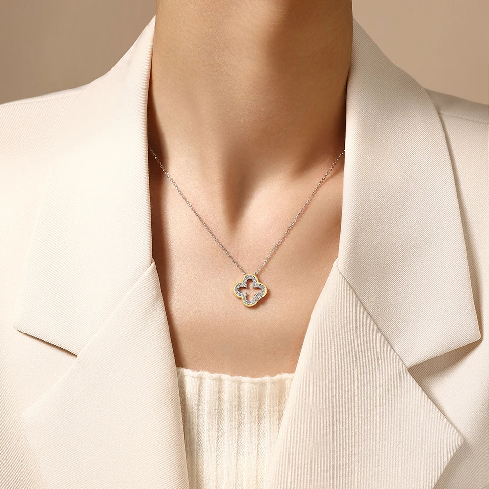 Full paved Moissanite S925 Silver Two Tone Hollow Necklace Gold Edge Necklace