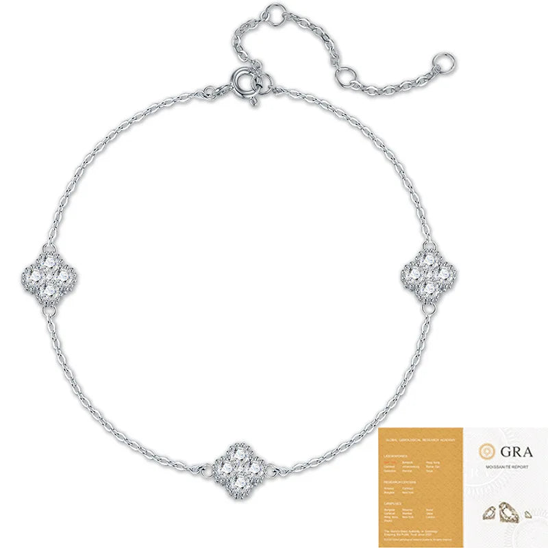925 Silver Four-Leaf Clover Moissanite Bracelet White Gold Plated Diamond Bangle