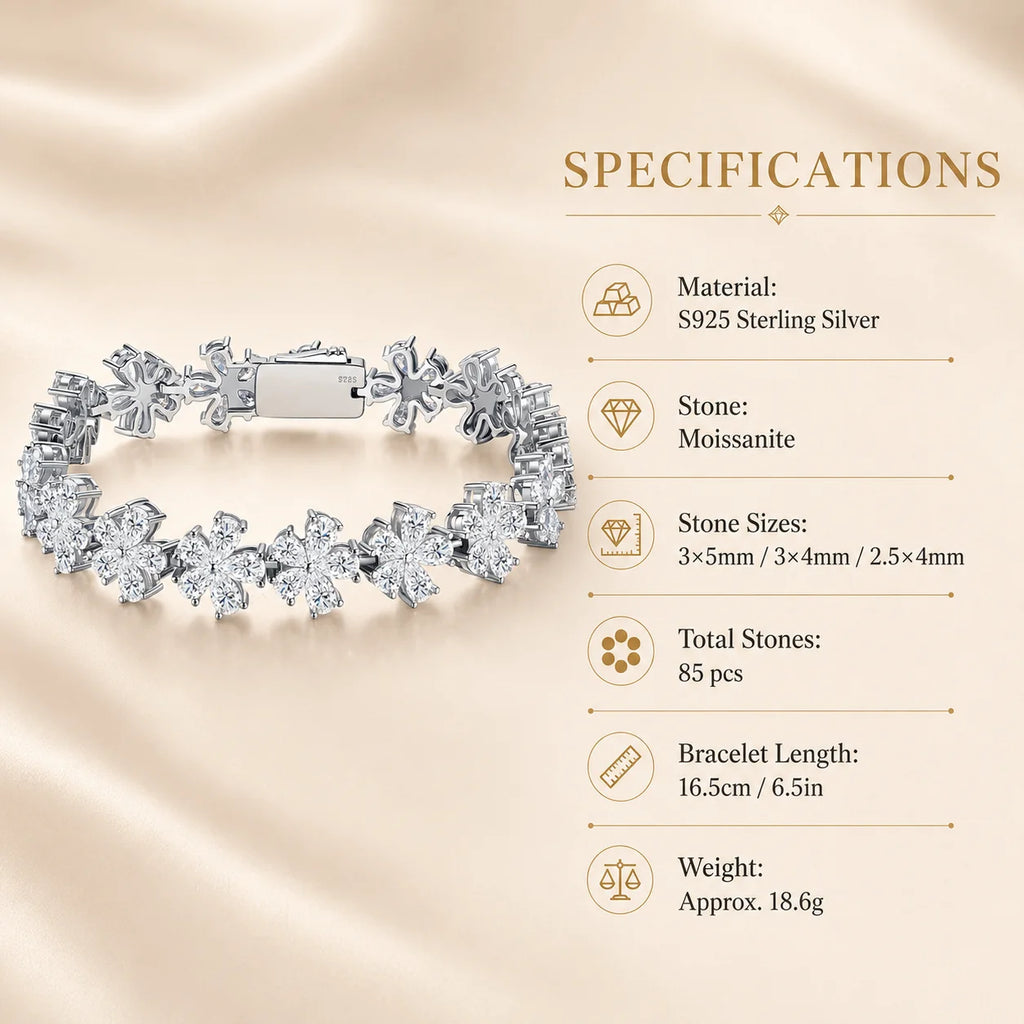 Full Moissanite Clover Bracelet S925 Sterling Silver Marquise Cut Floral Tennis Bracelet D Color VVS1 GRA Certified