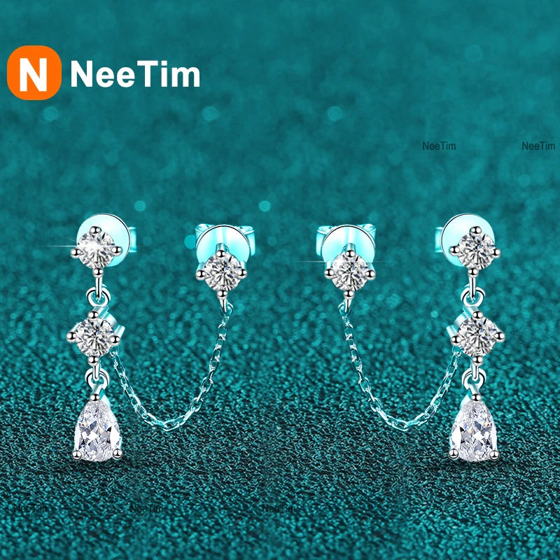 Full Moissanite Stud Chain Earrings 925 Sterling Silver Jewelry