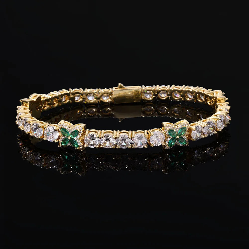 24K 9999 Pure Gold 5mm Moissanite Tennis Chain Lucky Grass Bracelet