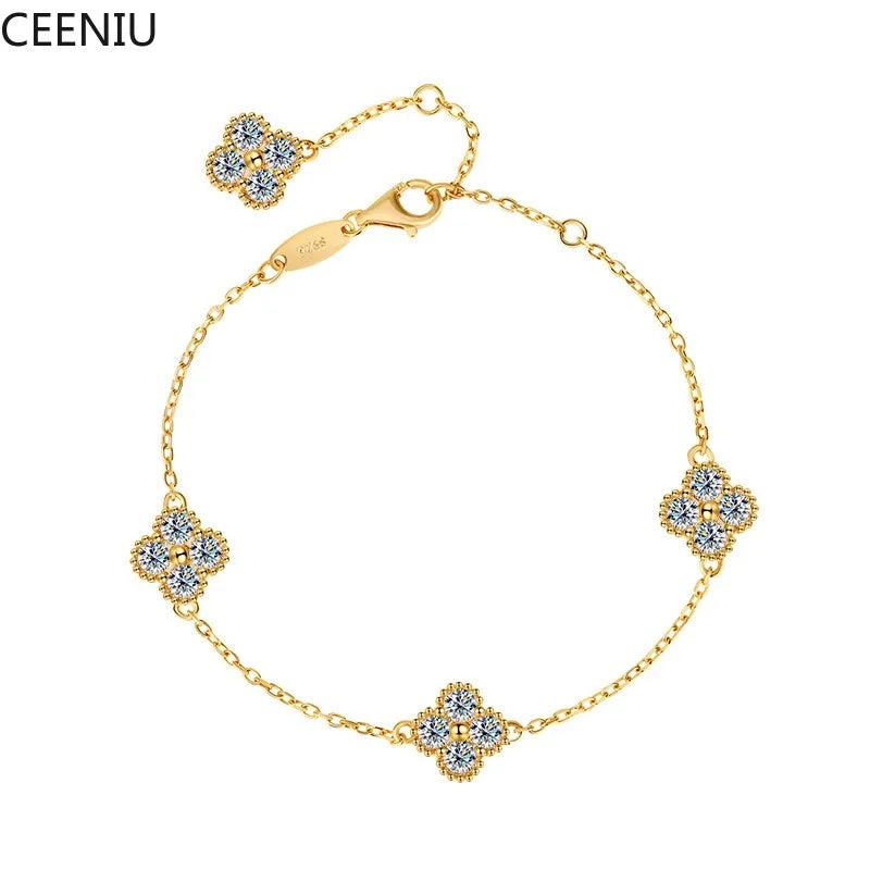 2.4cttw D Color Moissanite Clover Bracelet 925 Sterling Silver Fine Jewelry White Gold Plated Charm Bracelet Bangle Wholesale