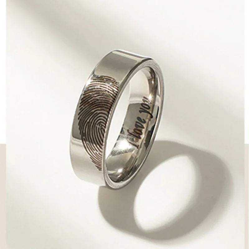 Black Silver Heart Fingerprint Couple Rings gift