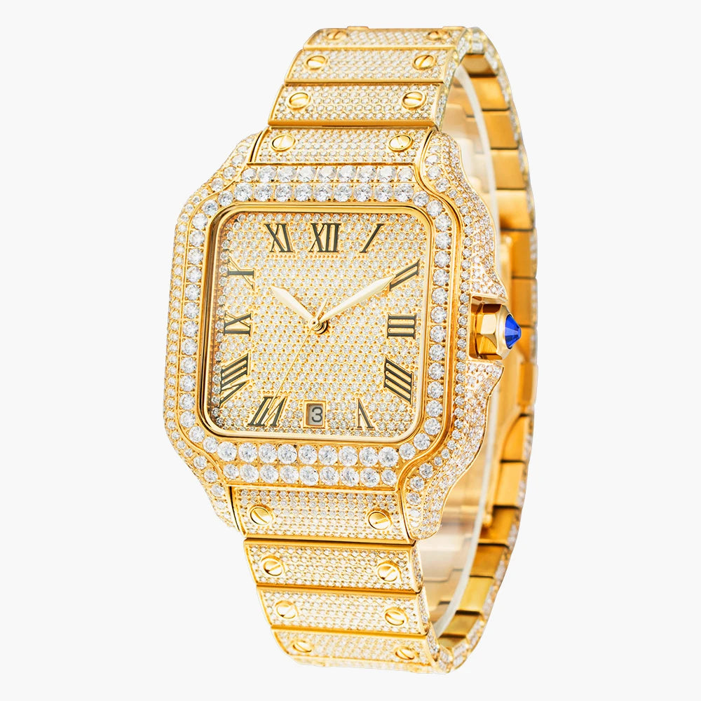 Gold VVS Moissanite Watch High-End Square Design Diamond Iced out Wristwatch