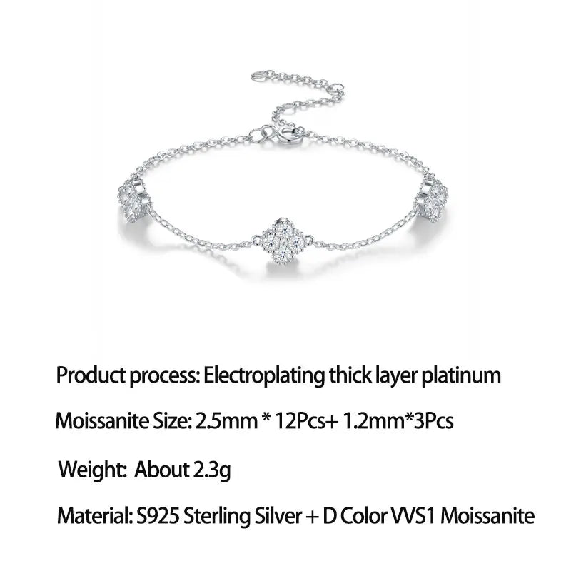 925 Silver Four-Leaf Clover Moissanite Bracelet White Gold Plated Diamond Bangle