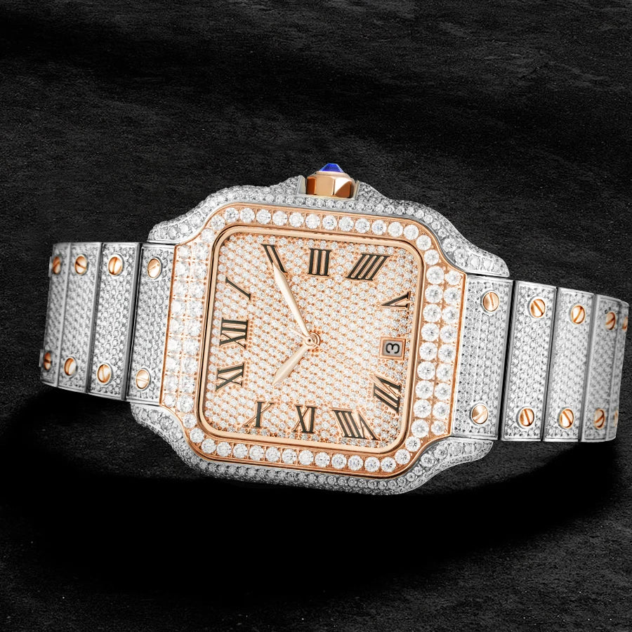 Gold VVS Moissanite Watch High-End Square Design Diamond Iced out Wristwatch