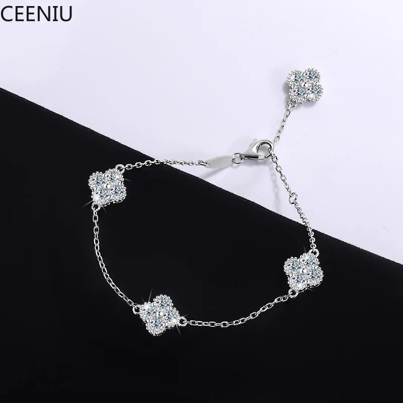 2.4cttw D Color Moissanite Clover Bracelet 925 Sterling Silver Fine Jewelry White Gold Plated Charm Bracelet Bangle Wholesale