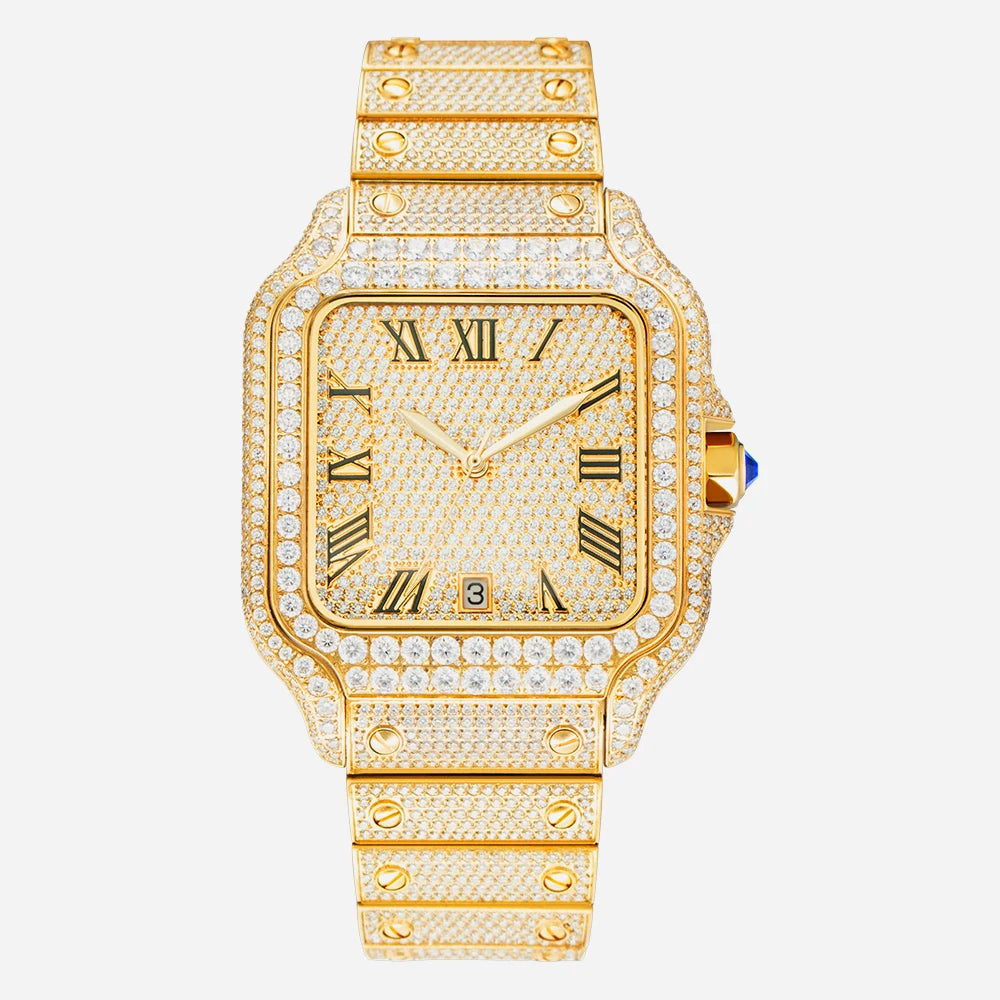 Gold VVS Moissanite Watch High-End Square Design Diamond Iced out Wristwatch