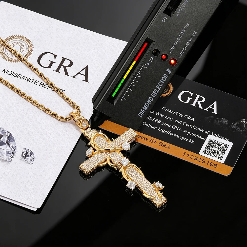 80mm Iced out Thorn Cross VVS1 Moissanite S925 Silver Pendant Necklace