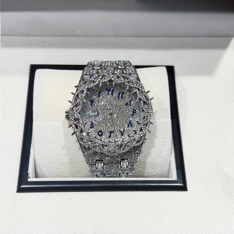 Thorn Spike Watch Men Iced Out Rhinestone Quartz Reloj Hombre wristwatch