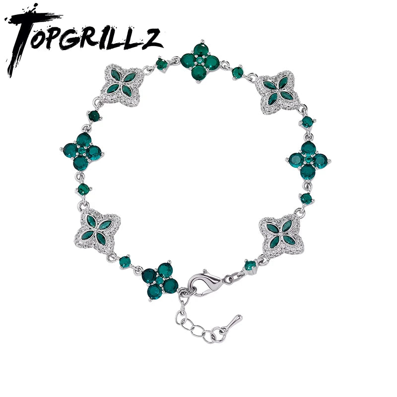 Iced Out Brass Bracelet Four Leaf Clover Chain Bracelet With 5A+ Cubic Zirconia