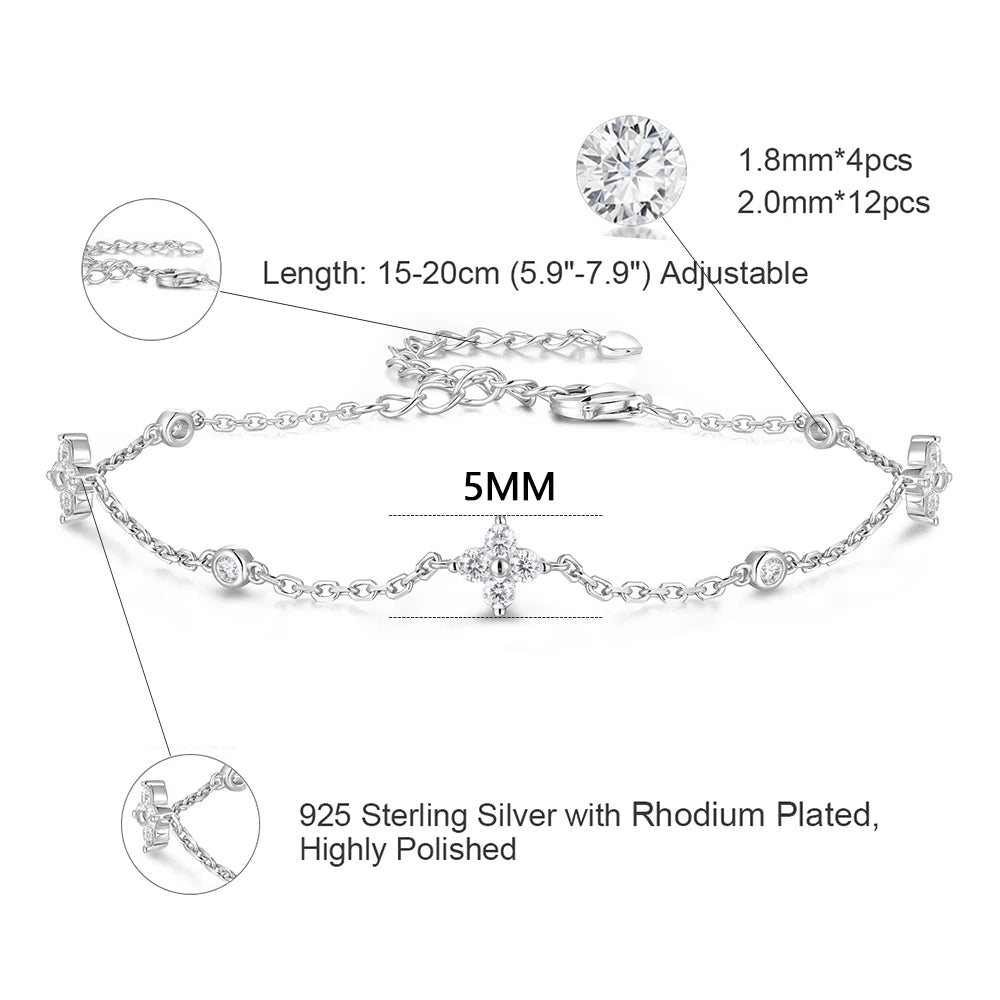 Four Leaf Clover Moissanite 925 Sterling Silver D Color VVS1 Lab Diamond Bracelet