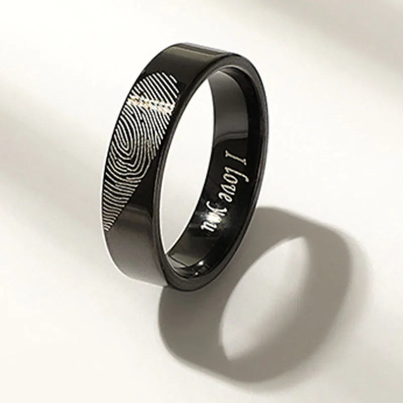 Black Silver Heart Fingerprint Couple Rings gift