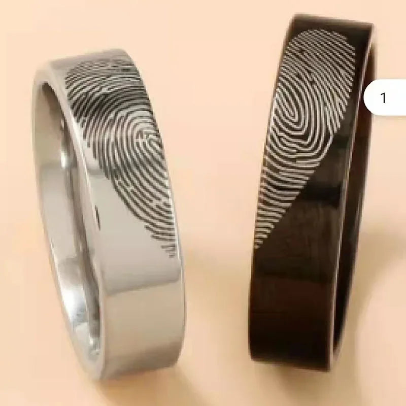 Black Silver Heart Fingerprint Couple Rings gift