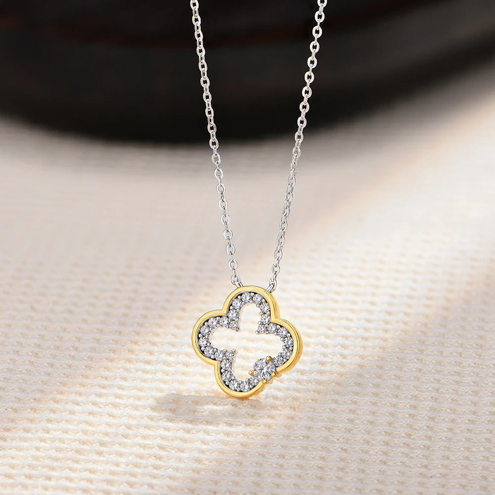 S925 Silver Two Tone Hollow Necklace Gold Edge Paved Full Moissanite Necklace