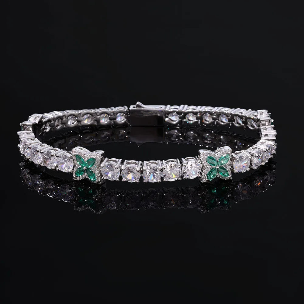 24K 9999 Pure Gold 5mm Moissanite Tennis Chain Lucky Grass Bracelet