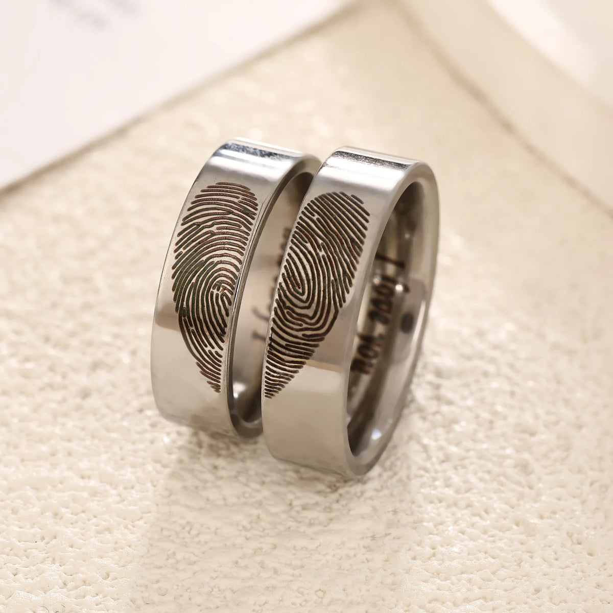 Black Silver Heart Fingerprint Couple Rings gift