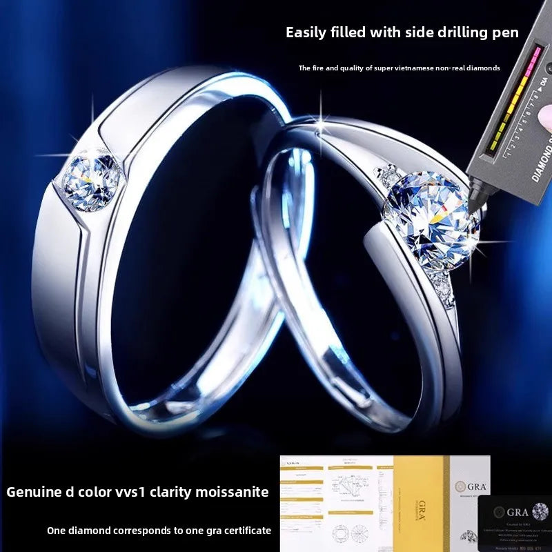 S925 Rhodium-Plated 0.5ct Moissanite Couple Rings - Adjustable Exquisite Jewelry